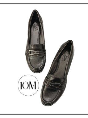 Life Stride Gray Pewter Patent Slip-On Loafers with Buckle Detail